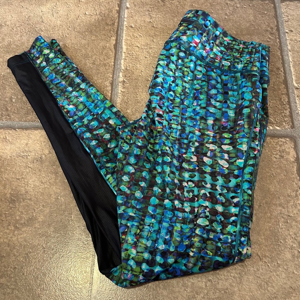 Saucony Womens Small Blue Green Mosaic Print Mesh Panel Running Leggings